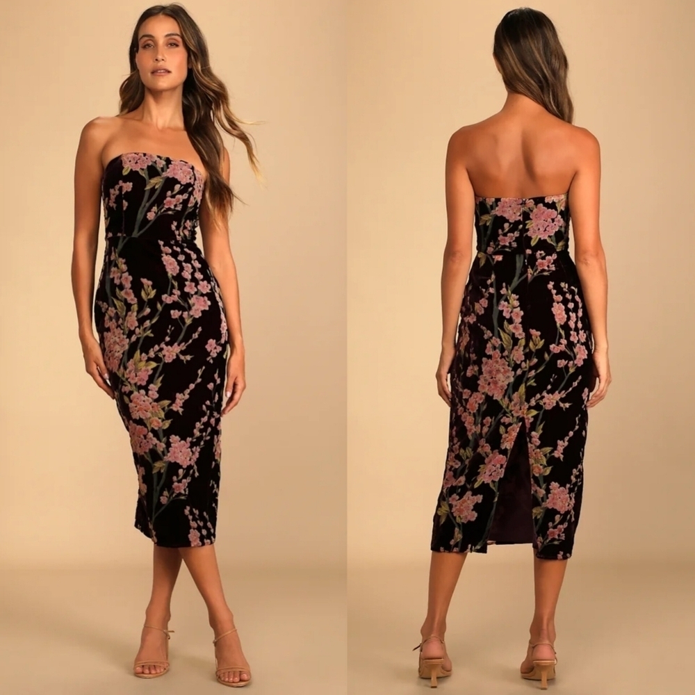 Lulus Buy You Flowers Plum Floral Print Velvet Strapless Midi Dress S Wedding